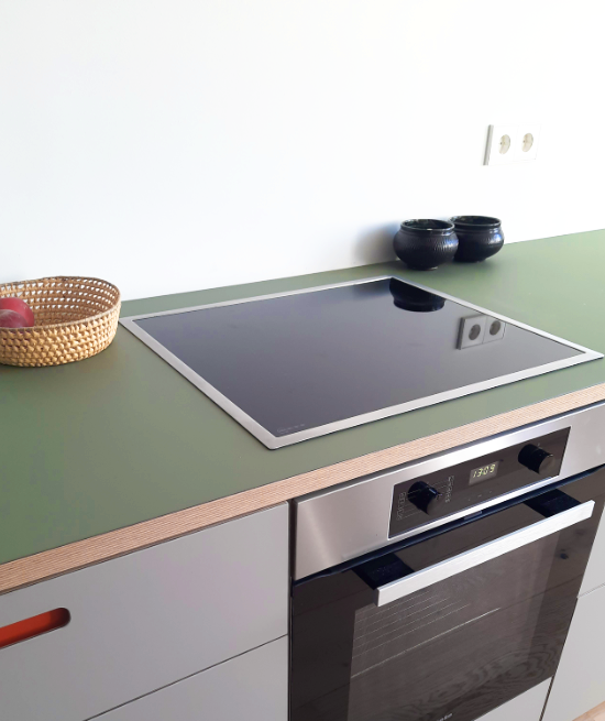 Arbeitsplatte mit Linoleum, Farbe Olive und Küchenfronten für IKEA Metod